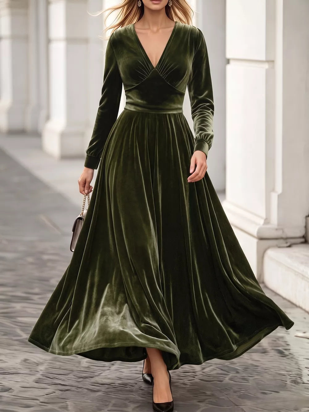 maxi dress in olive green featuring ruched and A-line fit