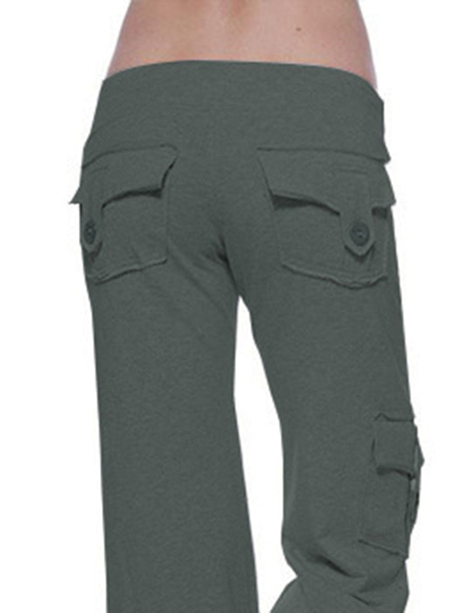 Cargo-inspired wide-leg drawstring trousers in heather gray with button flap back pockets.