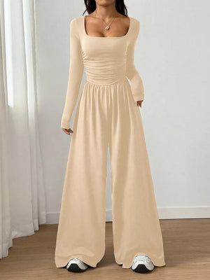 Ruched Square Neck Wide-leg Jumpsuit in Brown