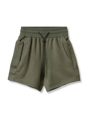 Army green fleece jogger shorts with drawcord and zippered pocket detail