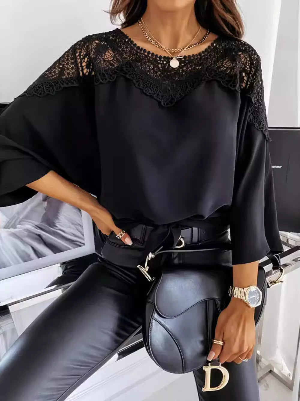 Black long sleeve maternity shirt with lace neckline detail