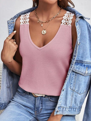 Beige Lace Trim V-neck Tank Top