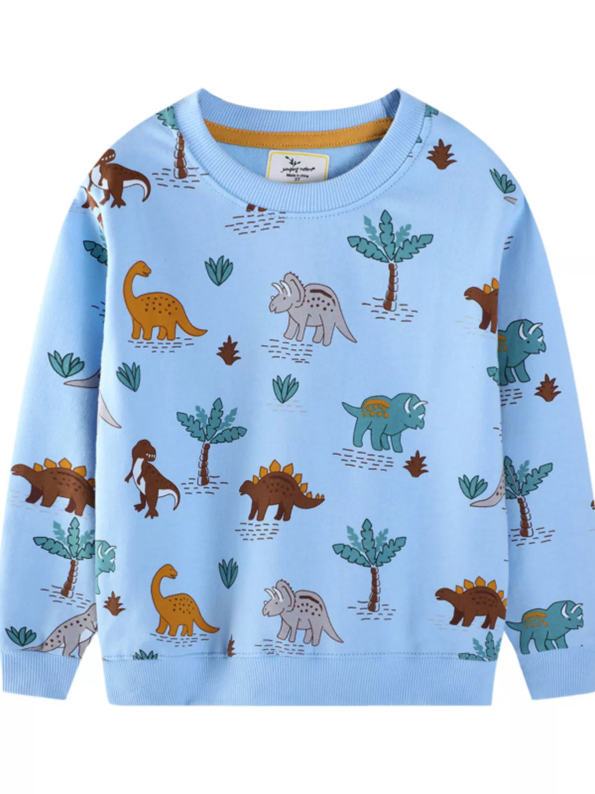 Light blue cotton blend sweatshirt with playful dinosaur and palm tree print.