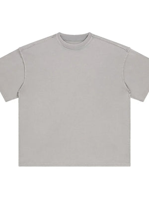 Gray washed cotton tee with raw seams and crew neck.
