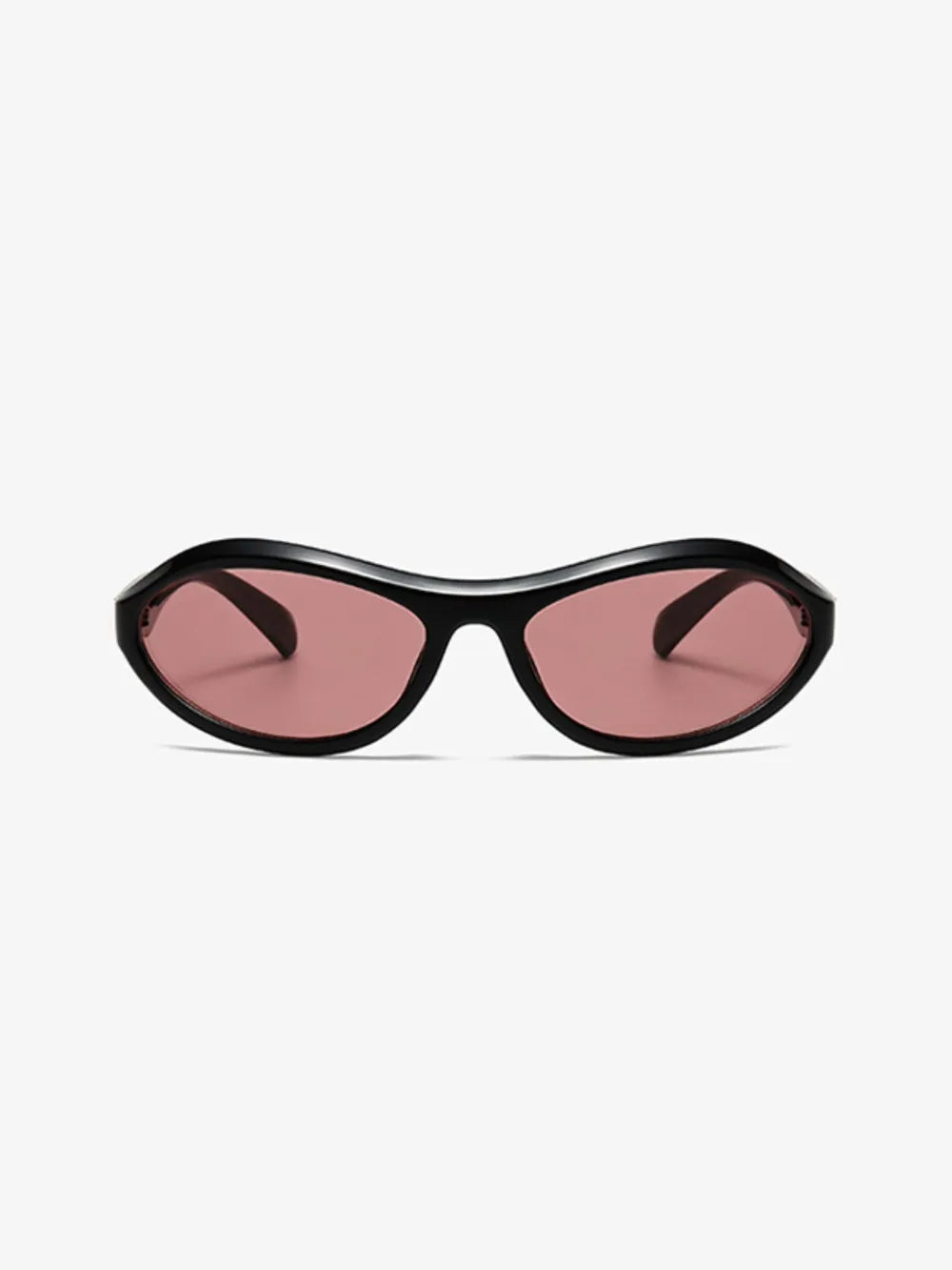 Sculpted oval lens sunglasses in black with pink lenses.