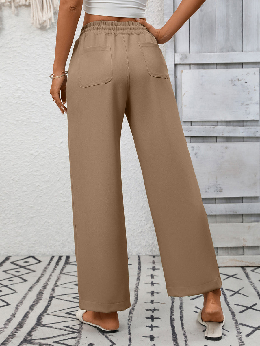 Khaki drawstring wide-leg pants with back pockets and elastic waistband.