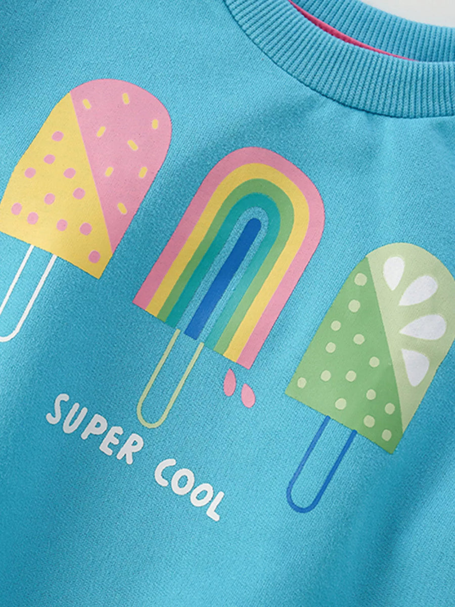 Pastel blue sweatshirt with ice cream graphics and Super Cool text