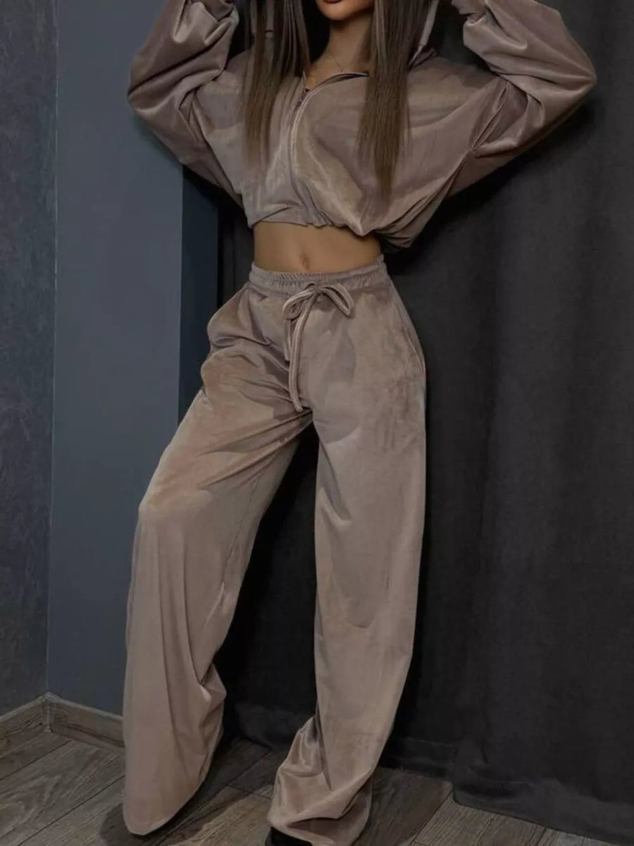 Apricot with Zip Up Cropped Outerwear And Pants Set