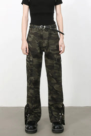 Camouflage utility flare cargo pants with multiple pockets and adjustable ankle straps.