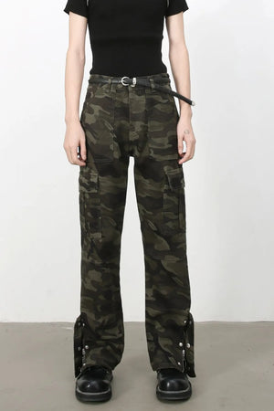 Camouflage utility flare cargo pants with multiple pockets and adjustable ankle straps.