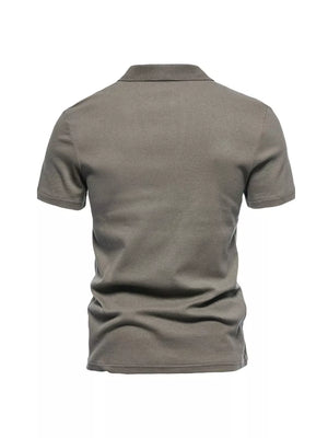Men's gray cotton blend short sleeve polo shirt with notched collar