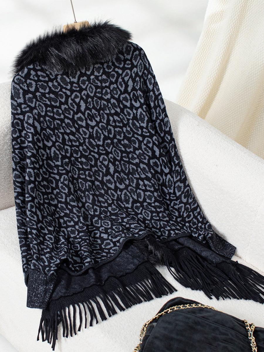 Black and grey leopard print acrylic cardigan with faux fur collar and fringe trim