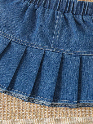 White with Children's Letter Long Sleeve Top And Denim Skirt Set in White