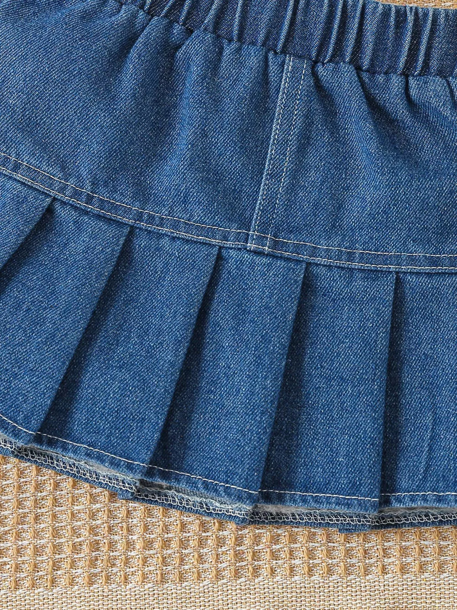 White with Children's Letter Long Sleeve Top And Denim Skirt Set in White