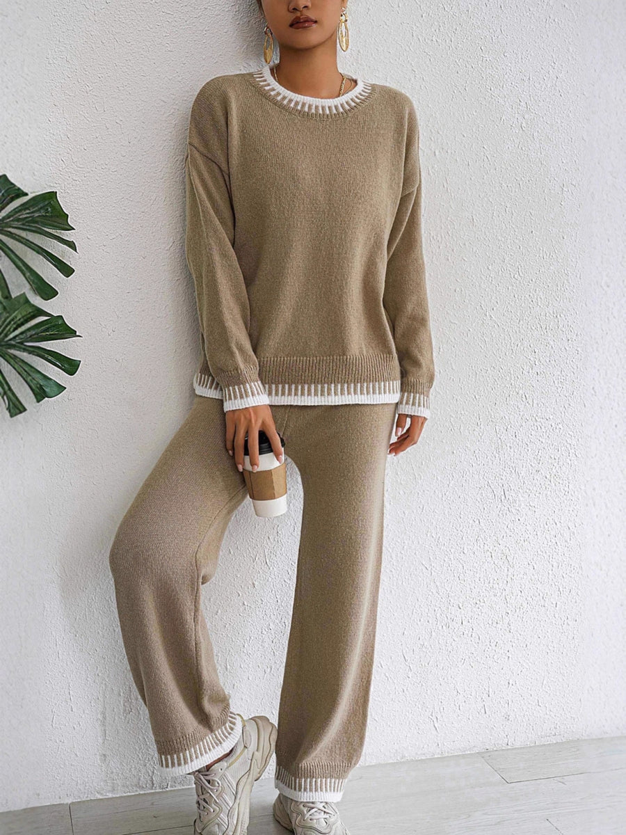 sweater and pants set in Taupe with striped and contrast trim