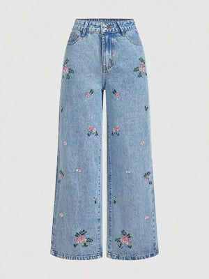 Blue with Embroidered Wide Leg Jeans in Blue