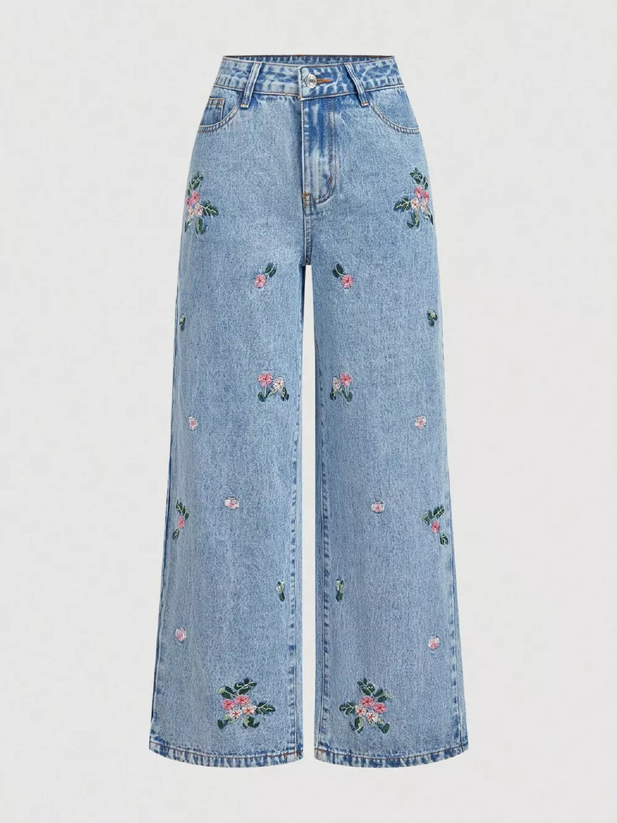 Blue with Embroidered Wide Leg Jeans in Blue