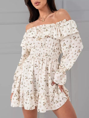 Off-shoulder Floral Ruffle Dress in Blue
