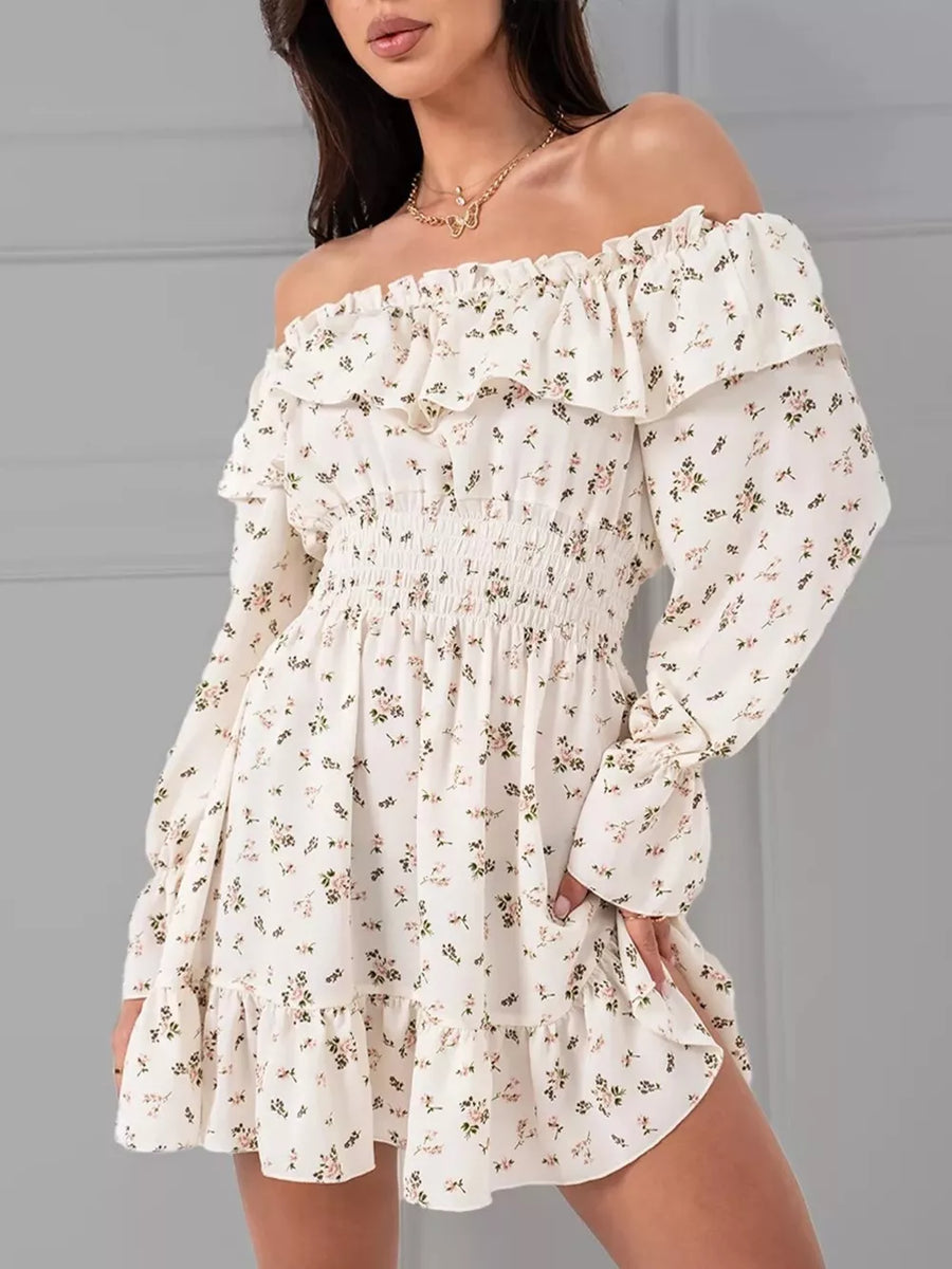 Off-shoulder Floral Ruffle Dress in Blue