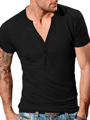 Black slub cotton henley tee with button detail and short sleeves.