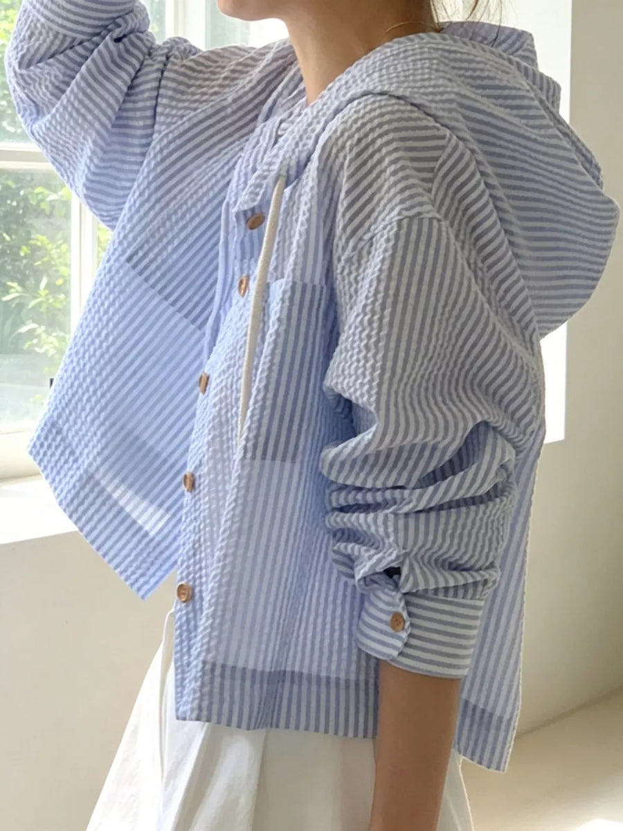 White Striped Hooded Shirt With Drawstring