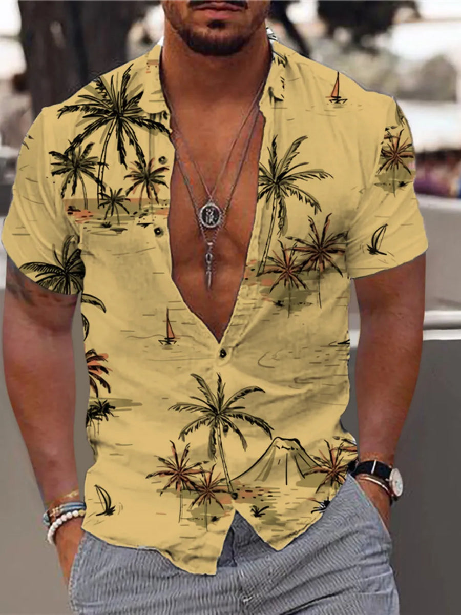Men's mustard short sleeve button-down shirt with tropical palm tree and sailboat print.