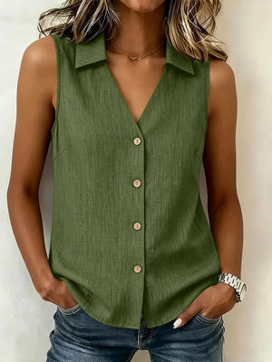 White Full Size Button-up Sleeveless Collared Top