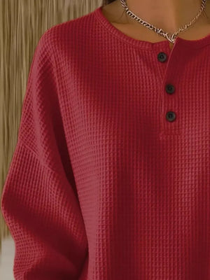 Yellow Full Size Waffle Knit Button Detail Top Plus Size