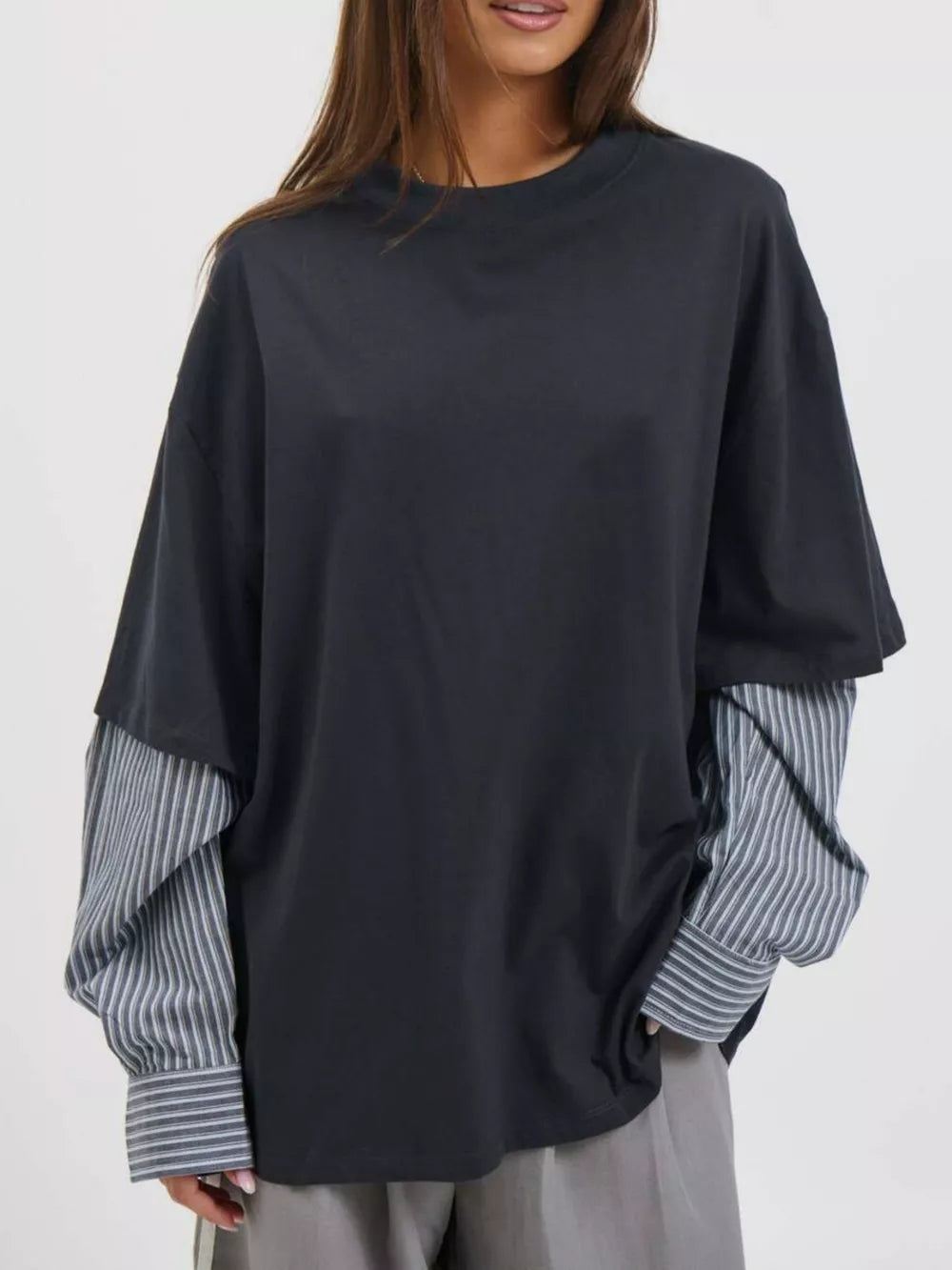 charcoal t-shirt with striped and crew neck