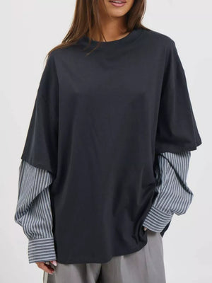 charcoal t-shirt with striped and crew neck
