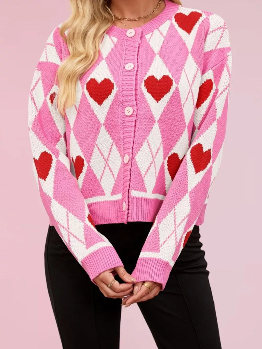 white cardigan featuring buttoned and argyle