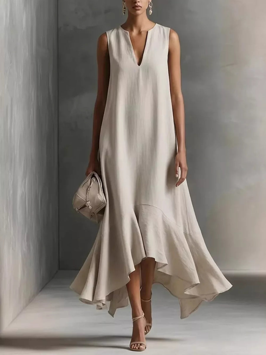 midi dress in ivory featuring ruffled hem and A-line fit