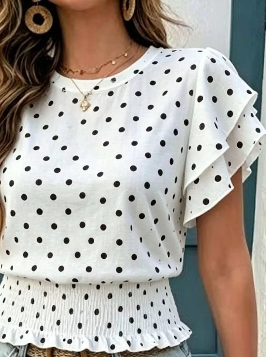 Navy Polka Dot Ruffle Sleeve Blouse