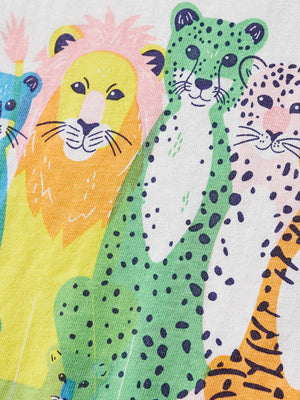 Toddler t-shirt with colorful animal graphics including a lion, cheetah, and tiger on white cotton.