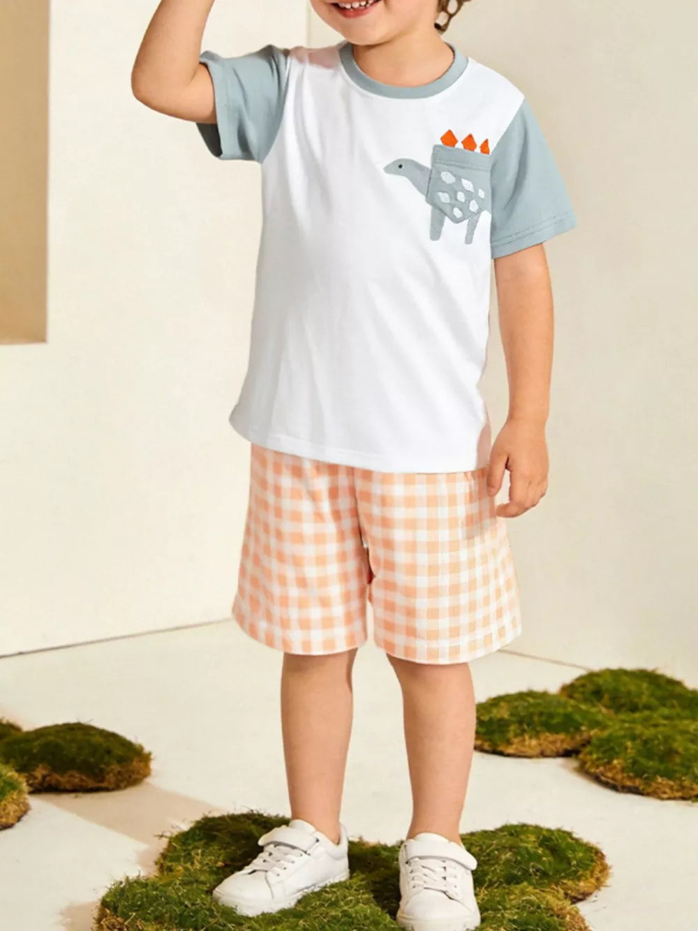 Toddler boys' cotton tee with dinosaur pocket and peach gingham shorts set.