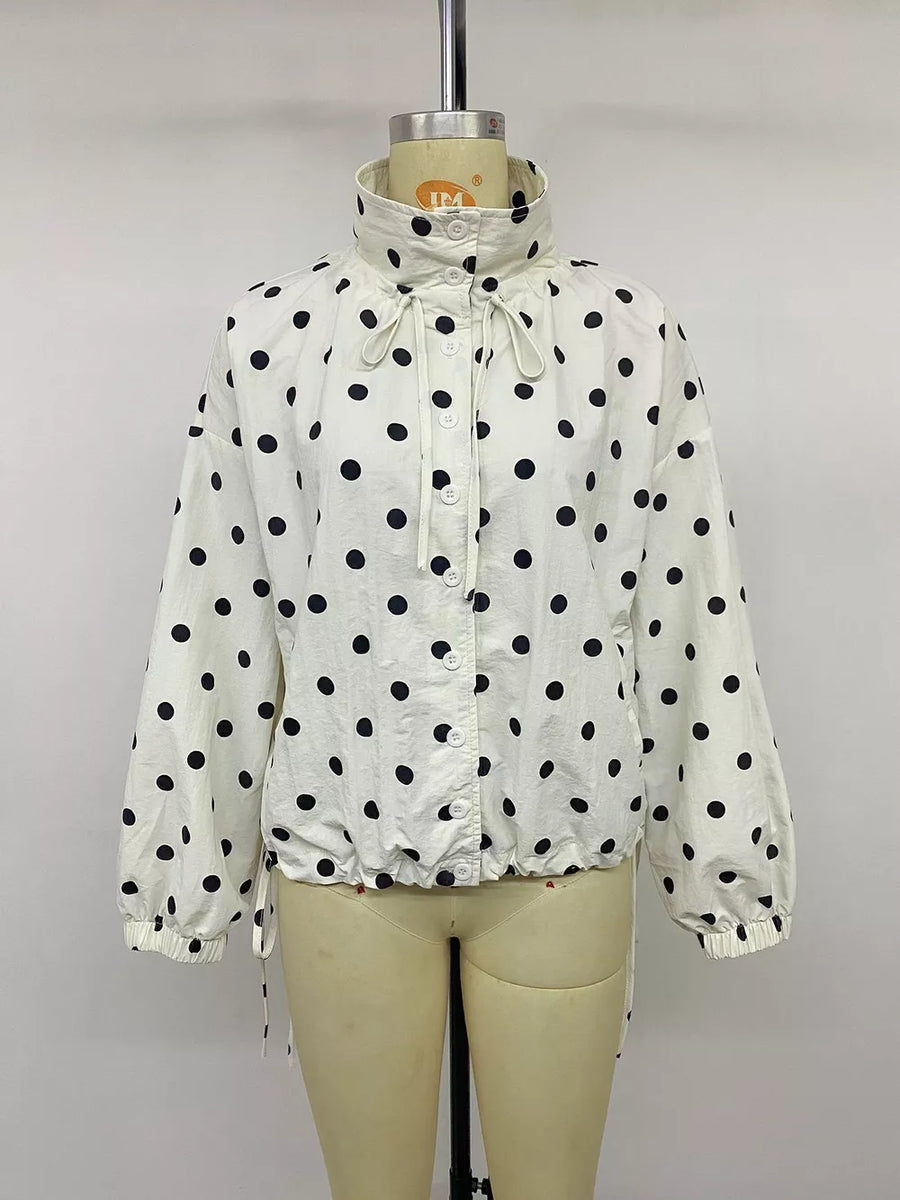 Polka Dot Stand-collar Casual Jacket in Apricot with buttoned