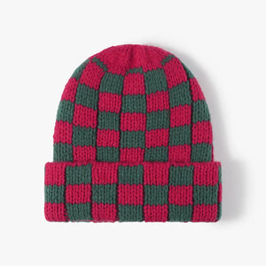 Checkerboard knit beanie in Deep Red and Dark Green with a cuffed brim.