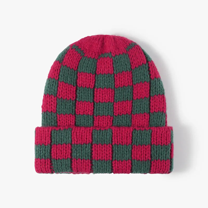 Checkerboard knit beanie in Deep Red and Dark Green with a cuffed brim.