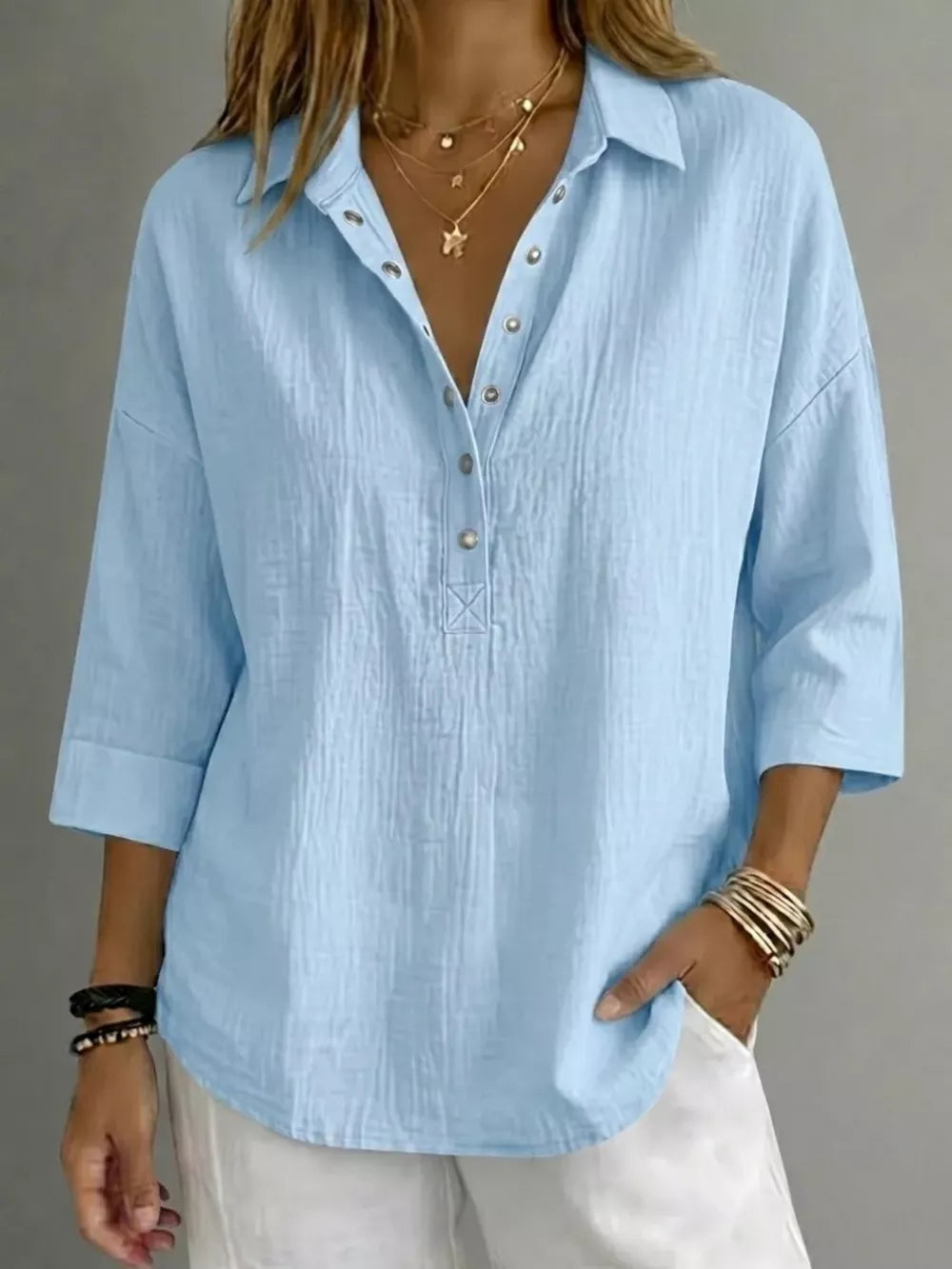 Navy Blue Full Size Snap Down 3/4 Sleeve Blouse Plus Size