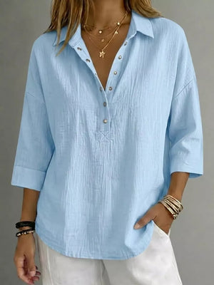 Navy Blue Full Size Snap Down 3/4 Sleeve Blouse Plus Size