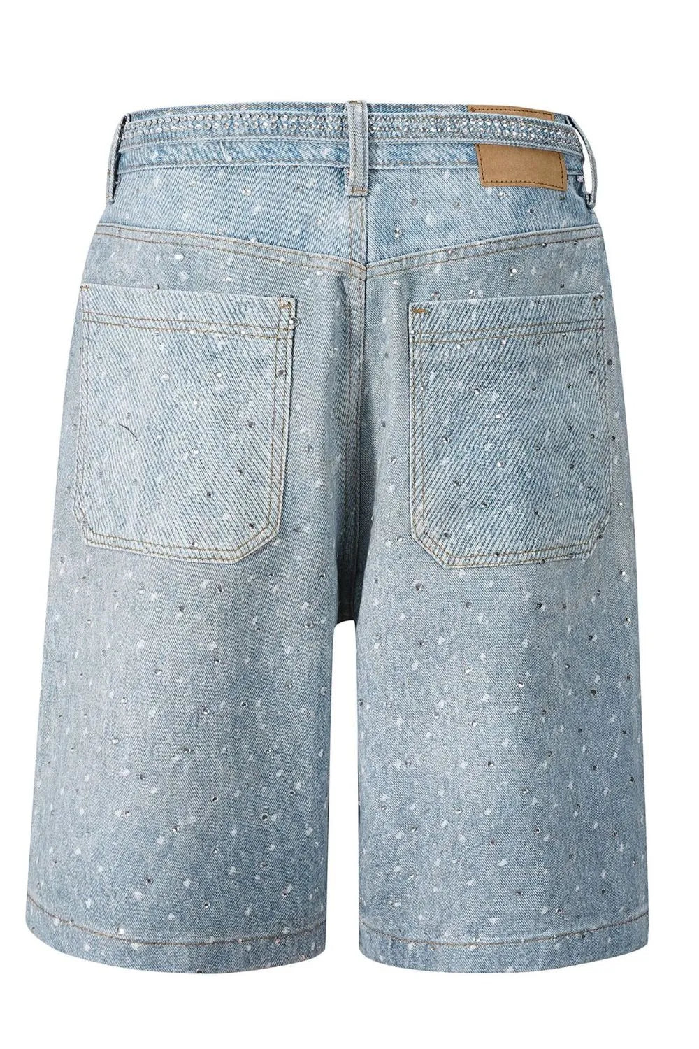 Embellished denim bermuda shorts in medium wash with allover rhinestones and tie detail.