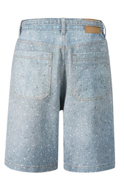 Embellished denim bermuda shorts in medium wash with allover rhinestones and tie detail.