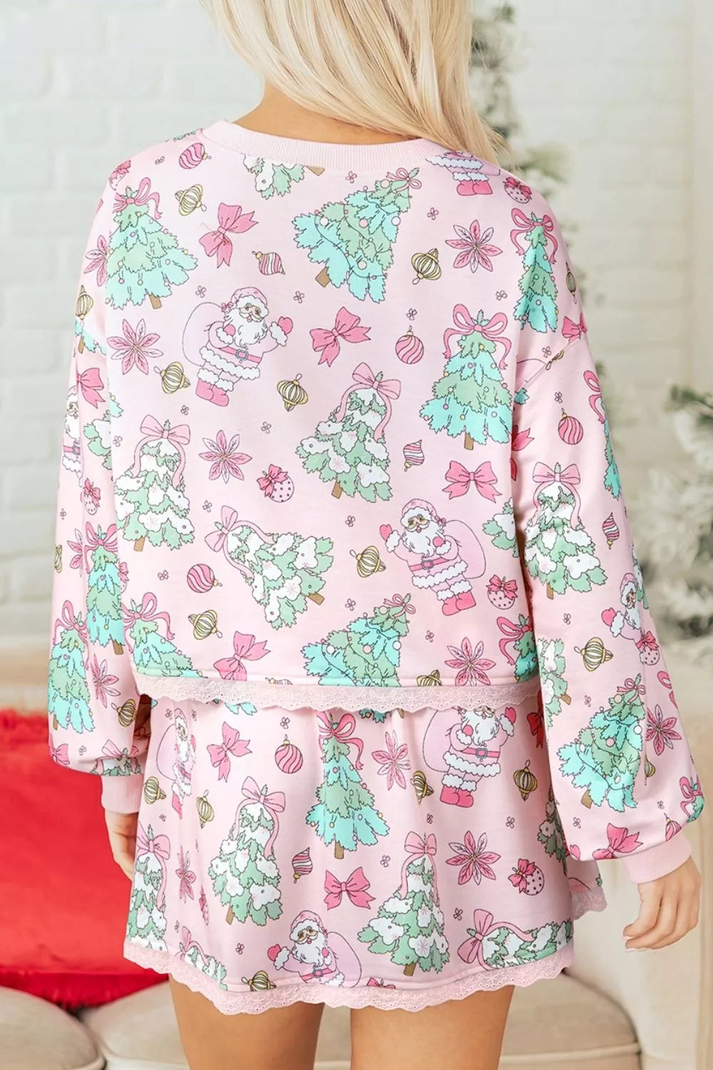 Blush Pink pajama set featuring drawstring waist and Christmas print