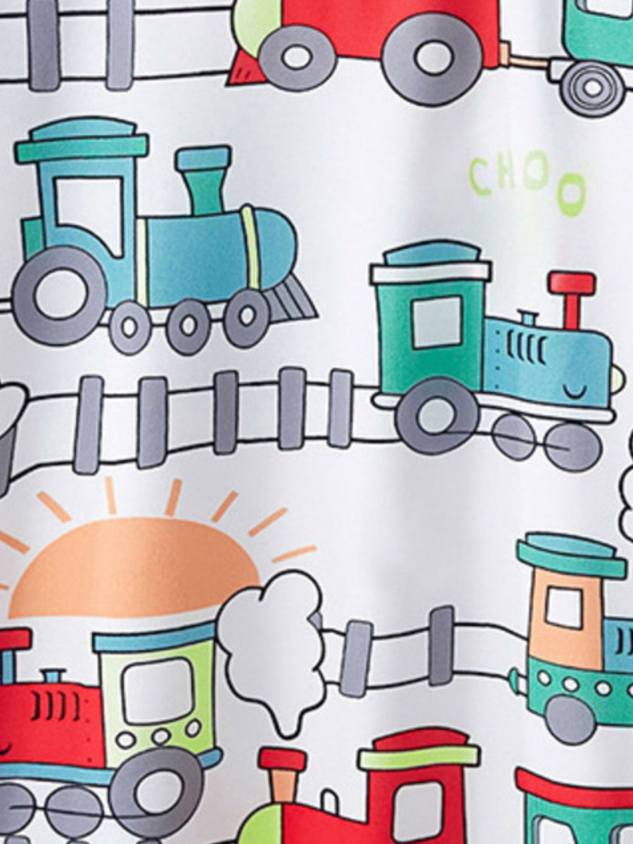 Toddler t-shirt with a playful all-over train print and sun graphic.