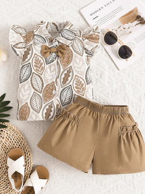 Baby leaf print bow top and camel shorts set with ruffled pockets