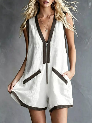Orange V-neck Zipper Front Romper With Contrast Trim