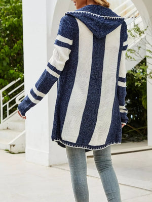 Dusty Blue Striped Hooded Open Front Cardigan