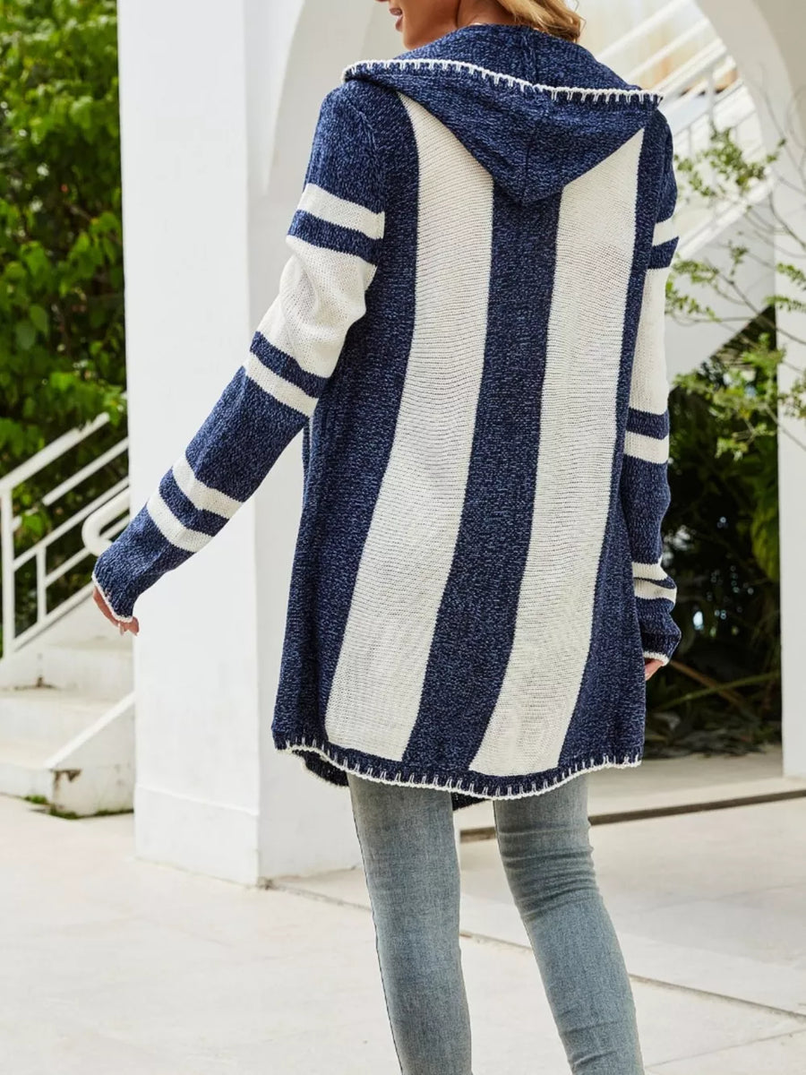 Dusty Blue Striped Hooded Open Front Cardigan