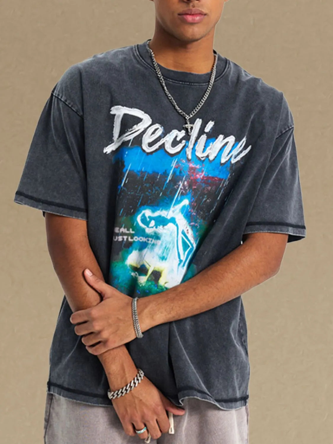 GraphiSleeve crew neck t-shirt in black with acid wash and graphic print.