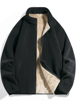 Black fleece lined zip-up jacket with a stand collar and plush lining.